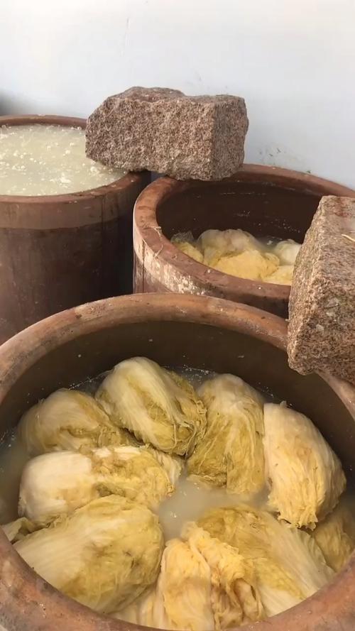 东北农家冬日院中腌酸菜大缸场景