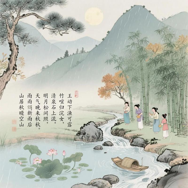 王维山居秋暝诗意图 国画风格