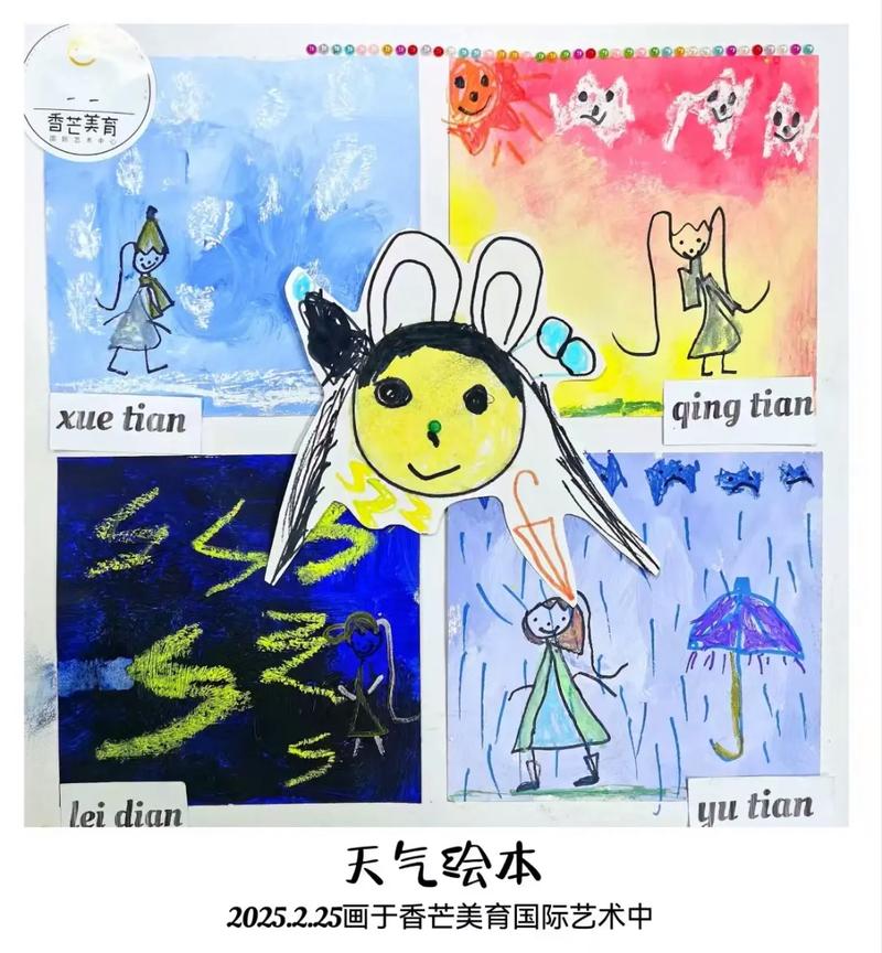 儿童用蜡笔画的记录天气现象手绘本内页