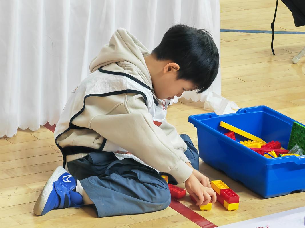 孩子专心致志搭积木的画面
