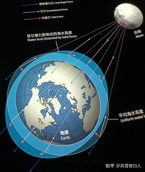 月球引力引发潮汐形成原理示意图