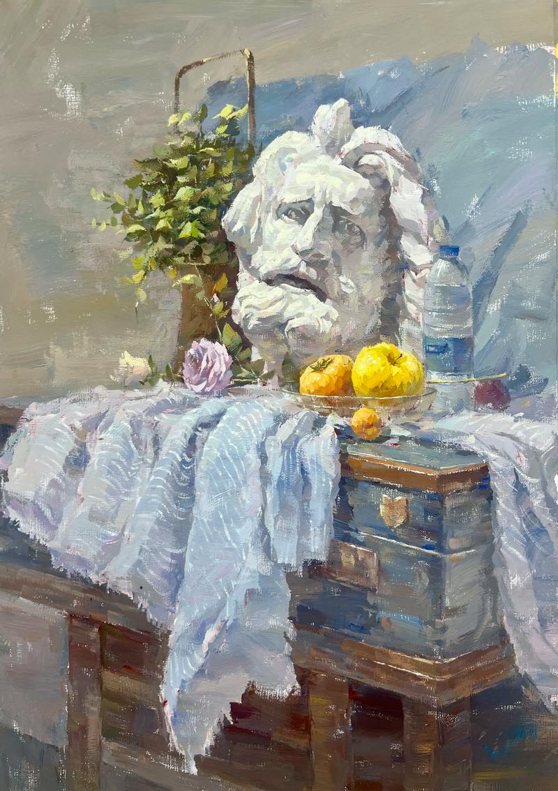 素描石膏像与色彩风景画并置对比