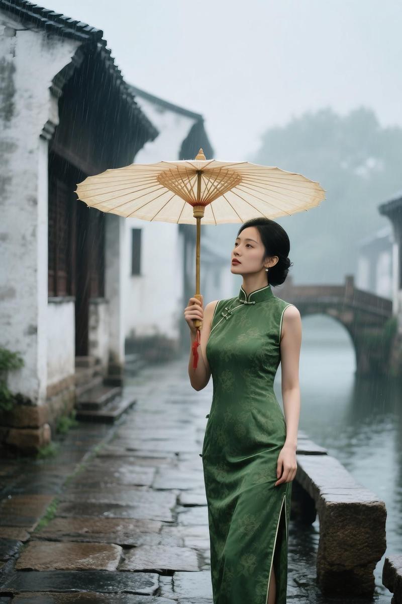 柳州窑埠古镇雨夜赤脚旗袍照