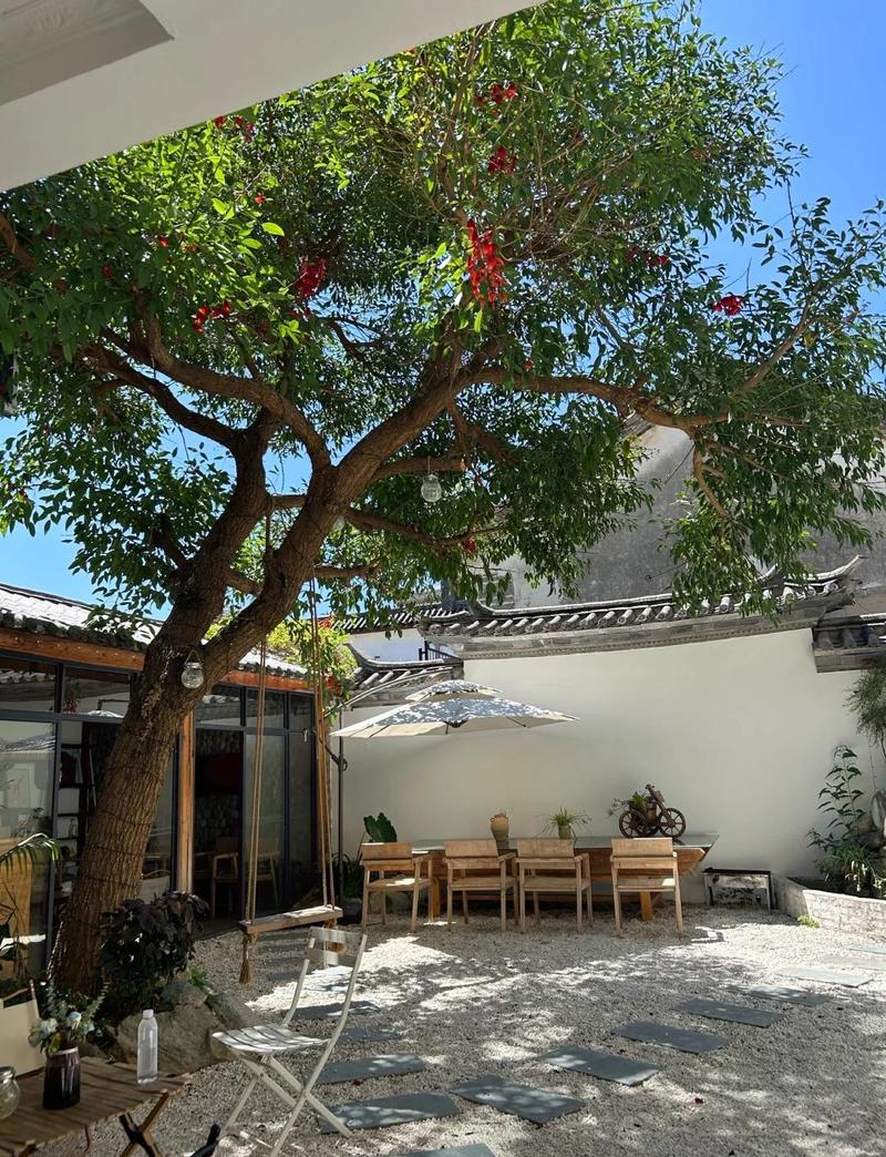 大理挖色临海民宿白墙三角梅庭院场景