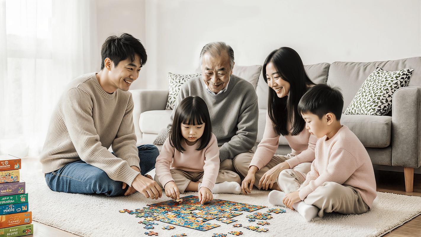 客厅亲子一起拼拼图说笑场景