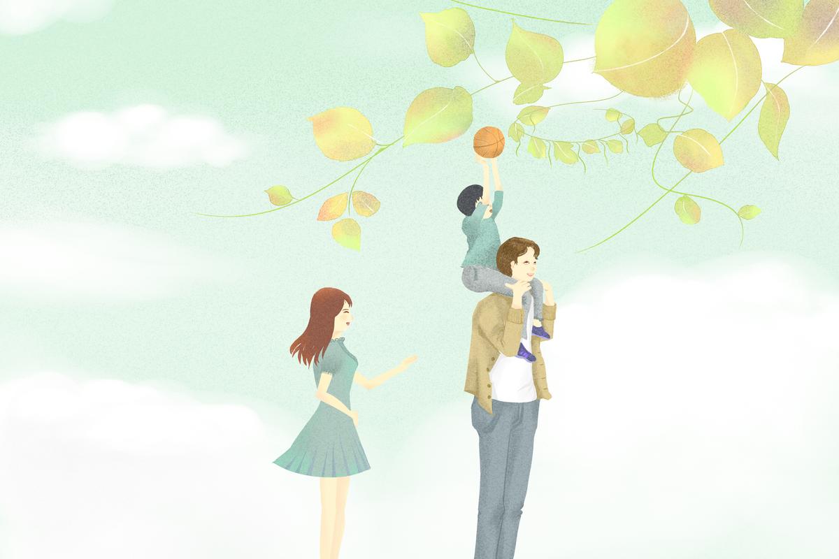 家庭关系情感插画继父母子女合影
