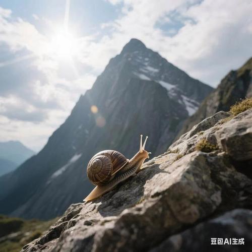 一只蜗牛爬上巨大石块,背景是逐渐升高的日出,象征增量进步