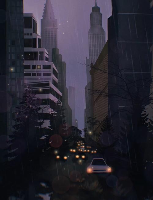 雨夜城市街角推理小说场景手绘图