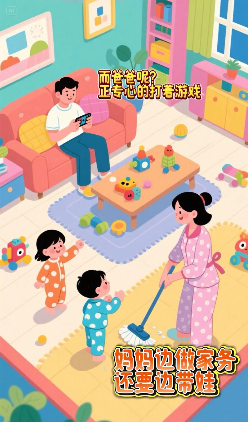沙发上爸爸躺平刷手机妈妈带娃做家务场景图