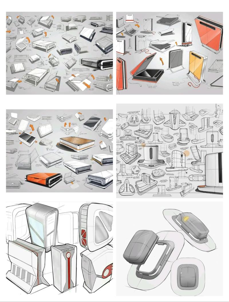 工业设计师工作台上一堆拆解的零件和草图