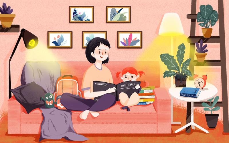 青少年放下书包坐在沙发上主动和妈妈说话场景插画