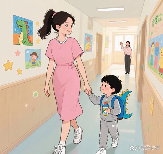孩子牵着妈妈手走在上学路上开心的表情插画