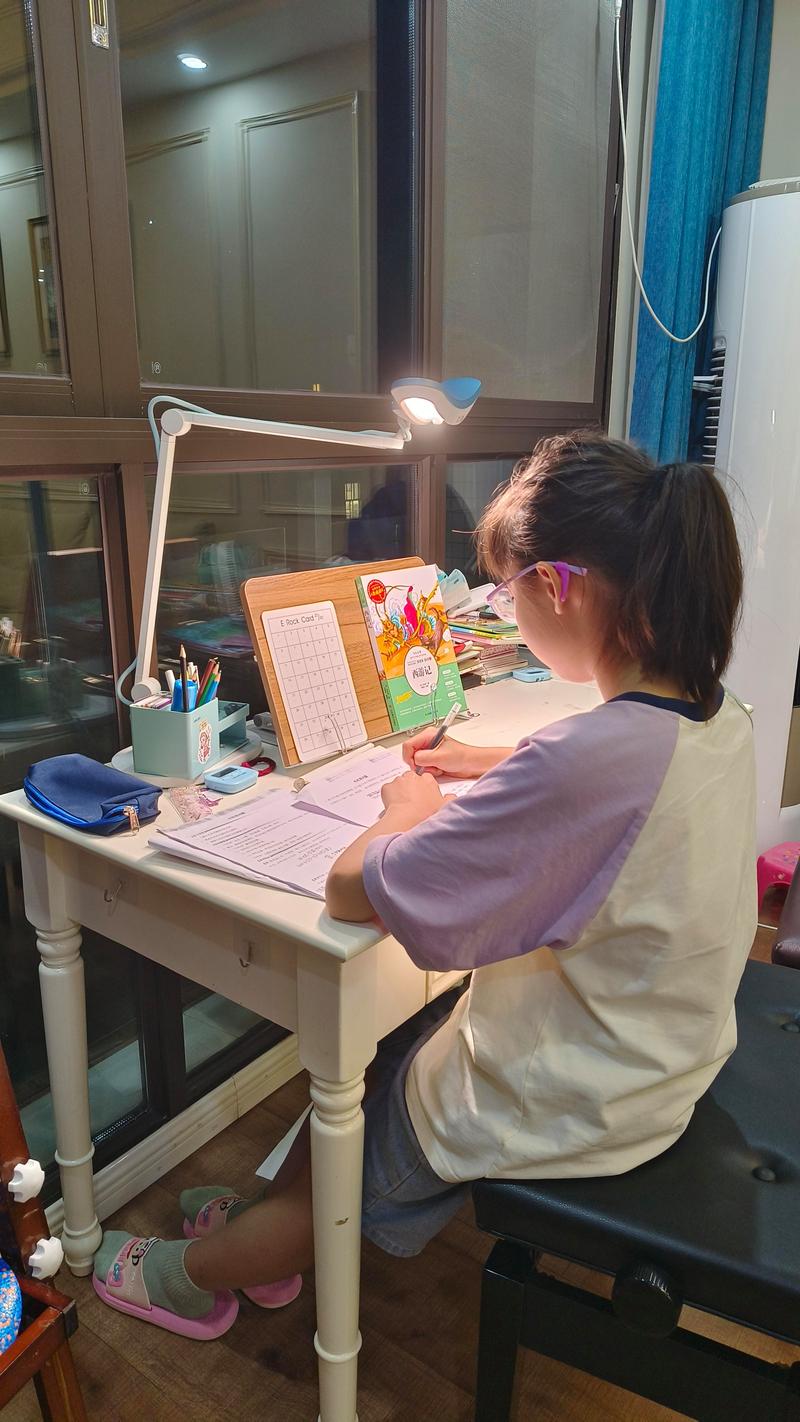 小学生独自认真写作业的书桌场景特写
