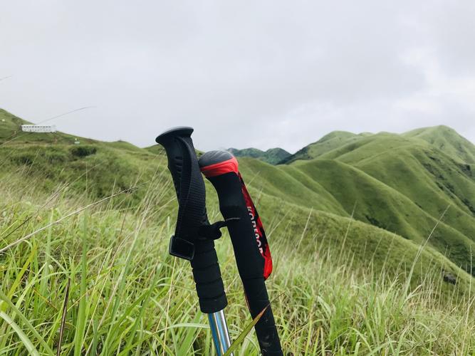 武功山清晨草甸上的露水登山杖