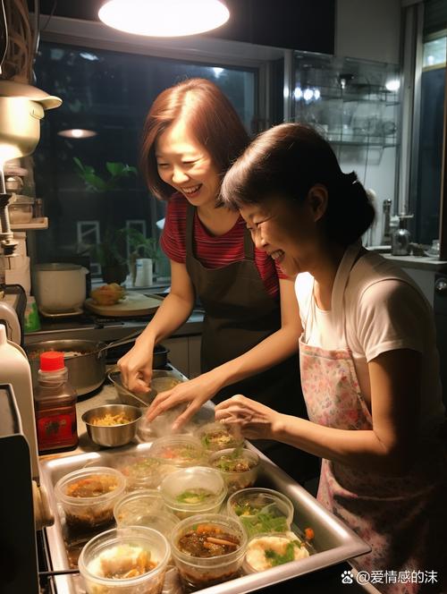 单亲妈妈与女儿在厨房一起煮泡面的温馨画面