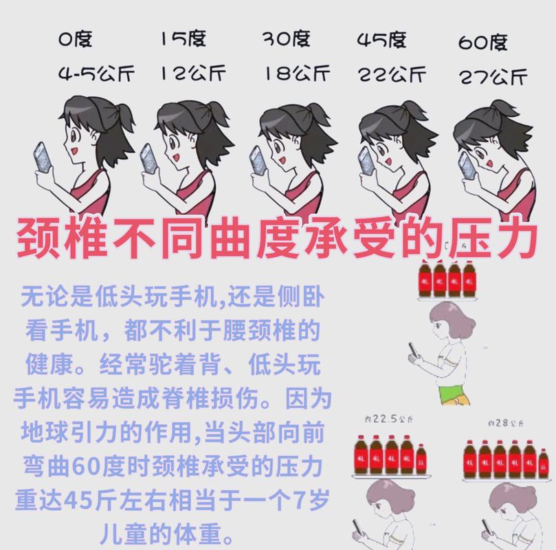低头使用手机对颈椎压力增大的解剖模型图