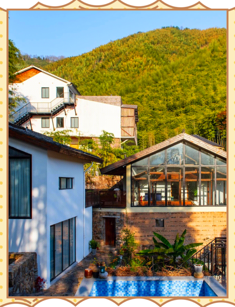 莫干山柒竹民宿白色建筑与竹林