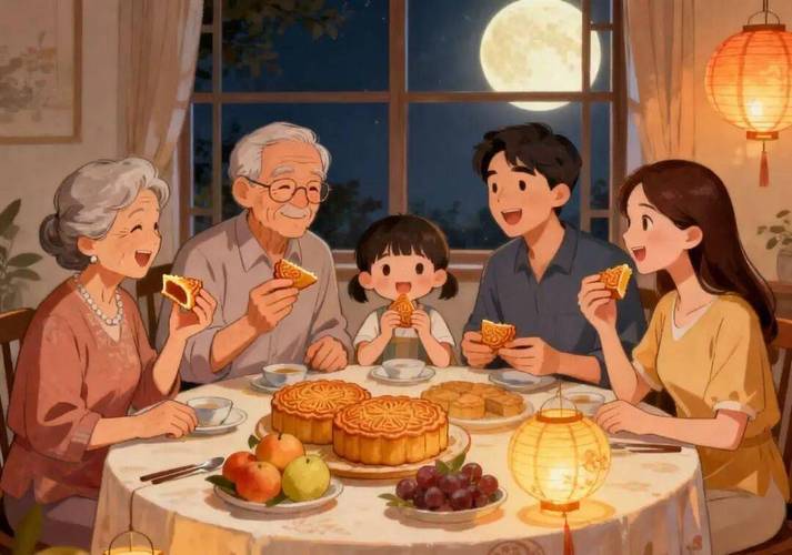 一家人中秋节阳台围坐吃月饼赏月
