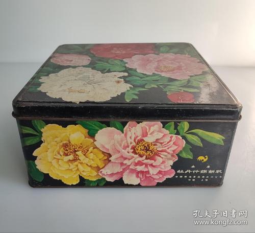 老式铁皮饼干盒牡丹花纹