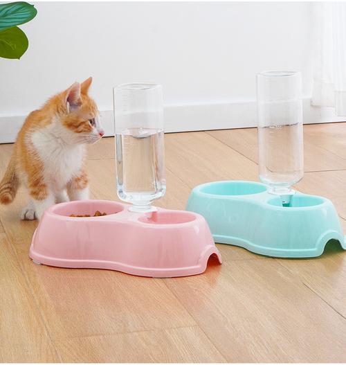 摆放在猫砂盆旁的塑料宠物水碗特写
