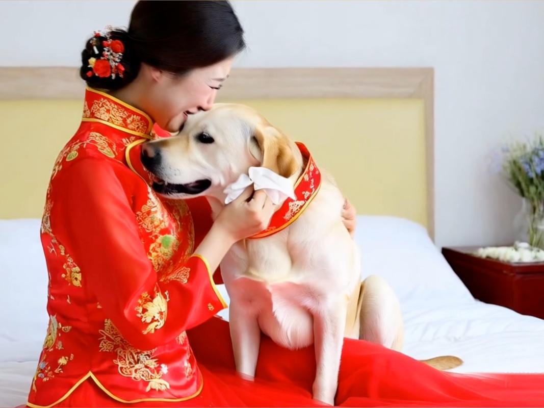 宠物狗陪伴新娘走过晨间婚礼花路