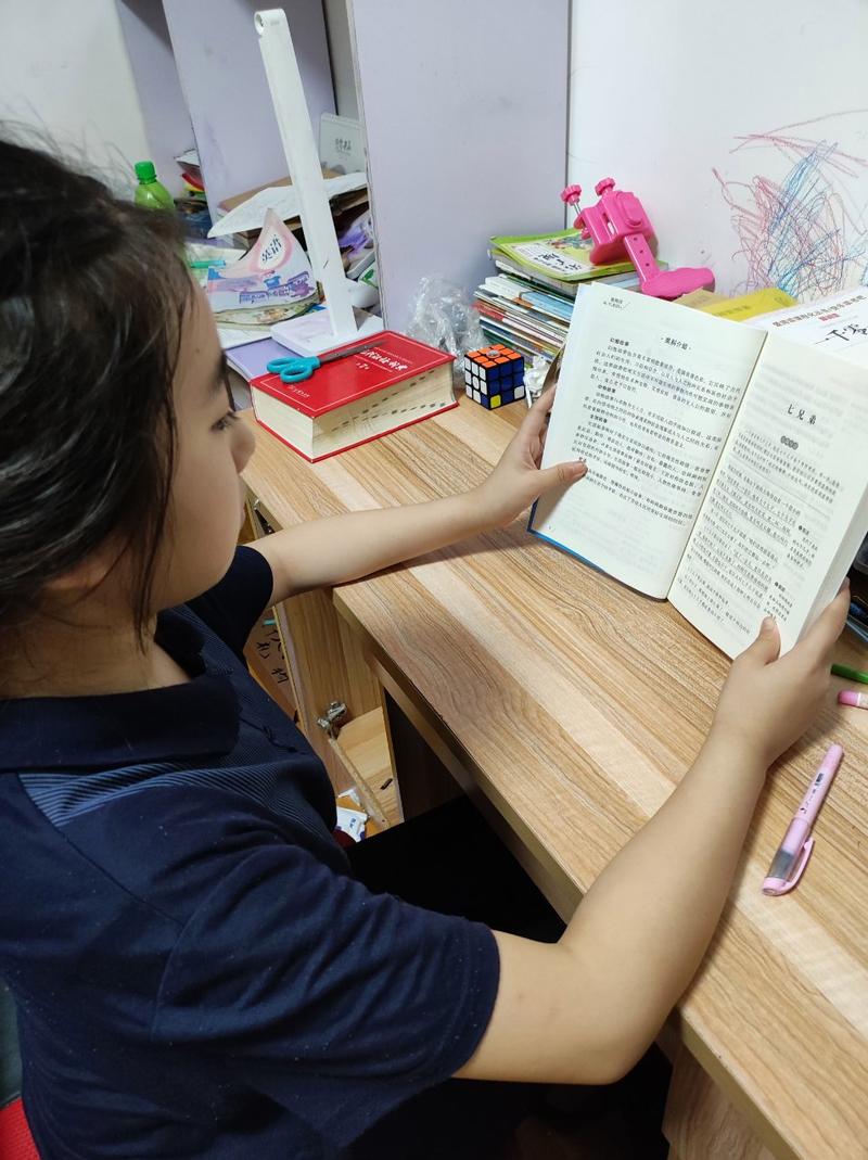 小学书房孩子翻古文课本特写