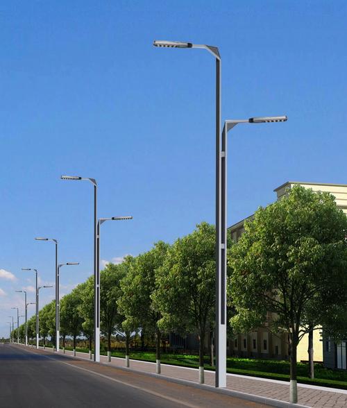 城市路口平行竖立的两根路灯杆实景
