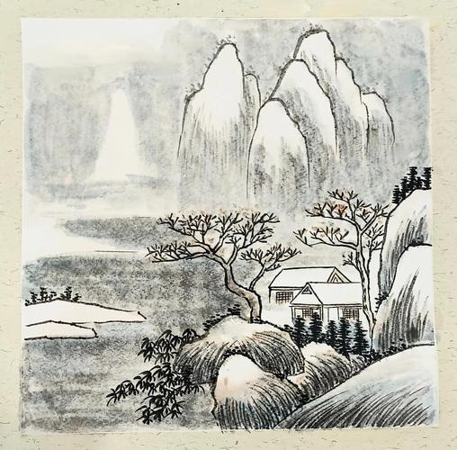 孩子在宣纸上自由创作写意山水手绘图