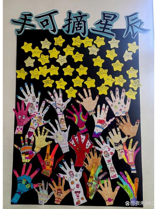 小学课堂孩子们手绘的小星星作品展示墙