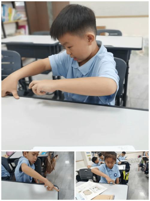 小学生用身体尺子测量课桌长度的课堂场景