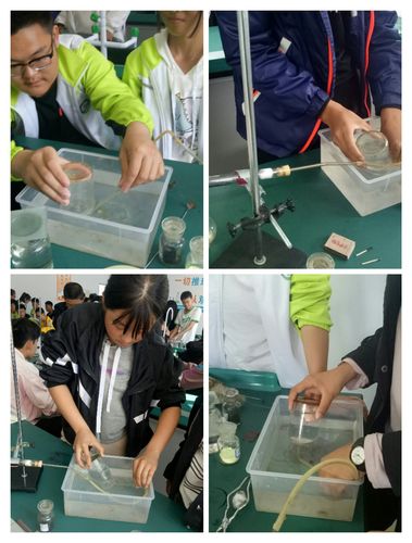 中学化学实验课堂学生操作酒精灯场景