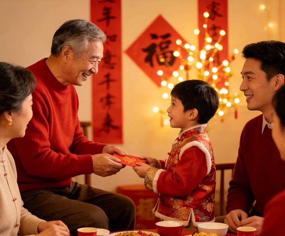 春节家庭聚餐上长辈给未成年晚辈递红包的实拍图