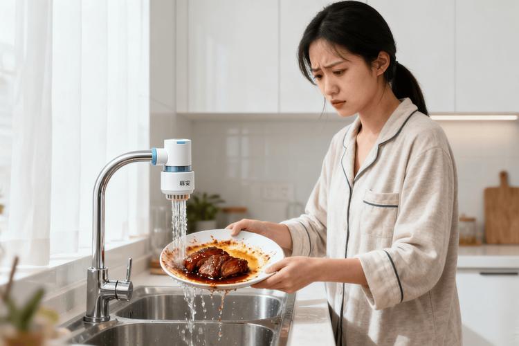 一个人在明亮厨房中专注洗碗，水龙头流着温水的宁静特写