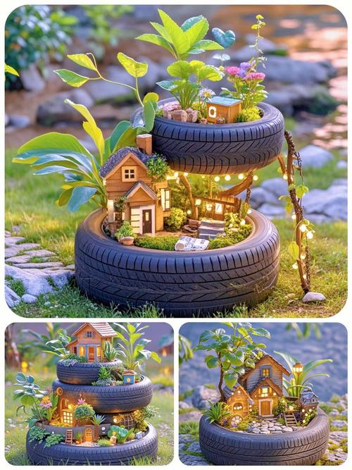 学校利用废旧轮胎制作的花园一角全景