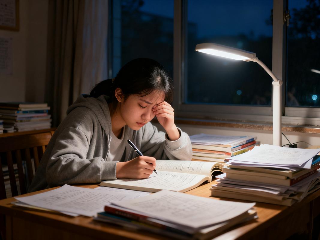 高三学生夜晚在台灯下复习