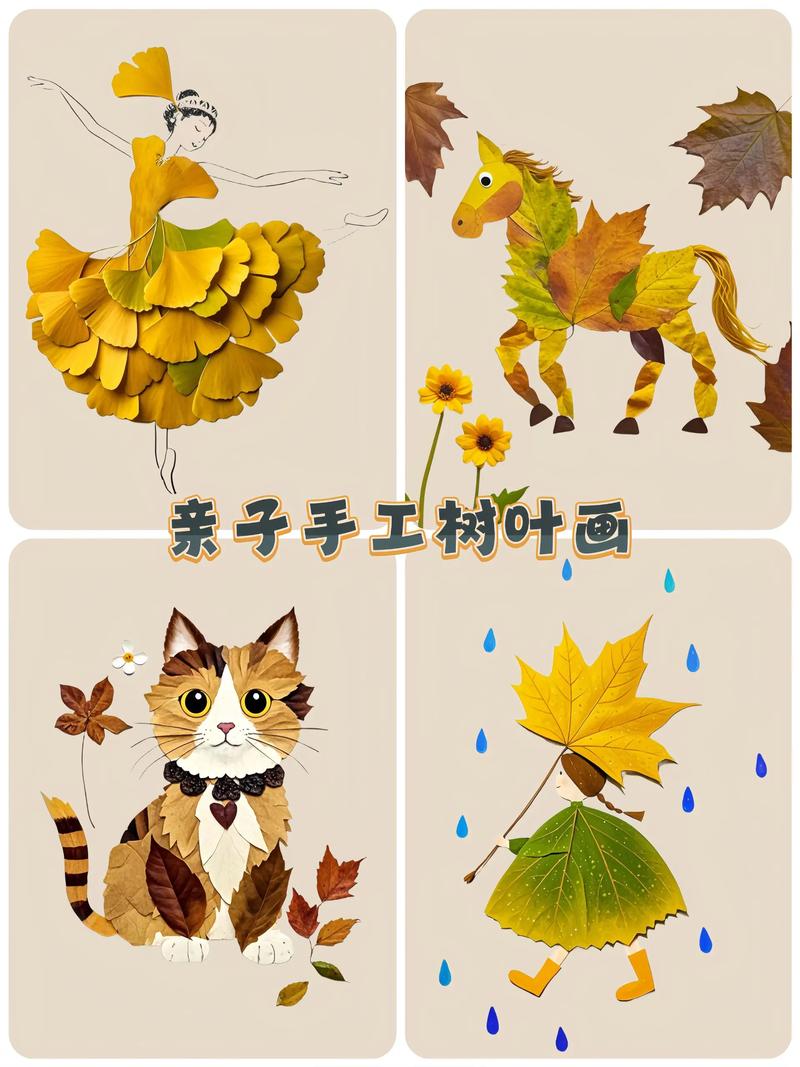 家长与孩子一起制作树叶拼贴画的温馨场景