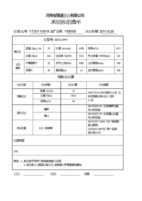 水泵电机型式试验报告样本