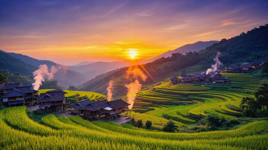 湖北南漳观音岩村山间梯田日落