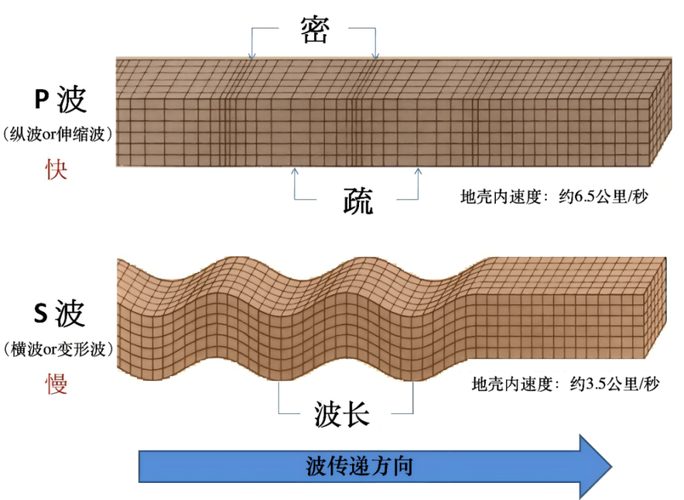 地震P波S波传播速度对比示意图