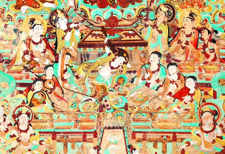 敦煌莫高窟洞窟内北魏飞天壁画