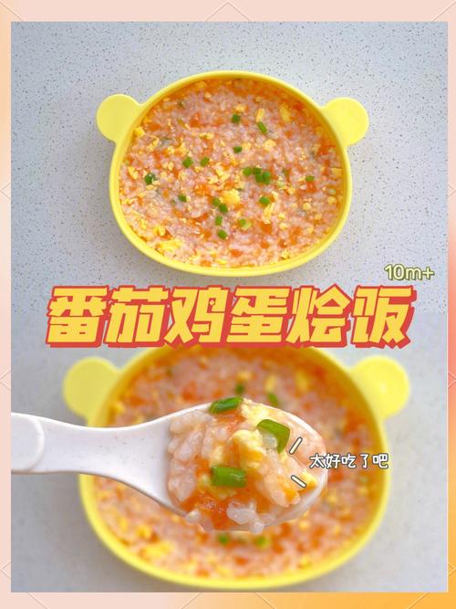 一碗颜色鲜艳的番茄蛋黄宝宝烩饭特写