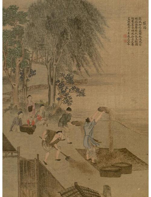 清代耕织图浸种插秧场景画