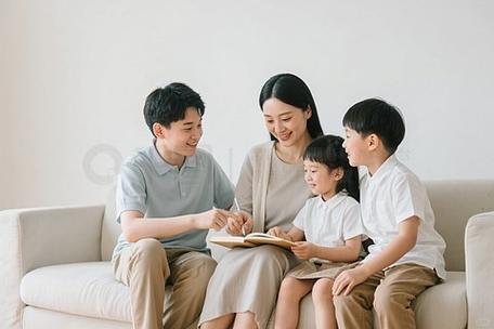 家长和孩子坐沙发聊偶像的温馨场景