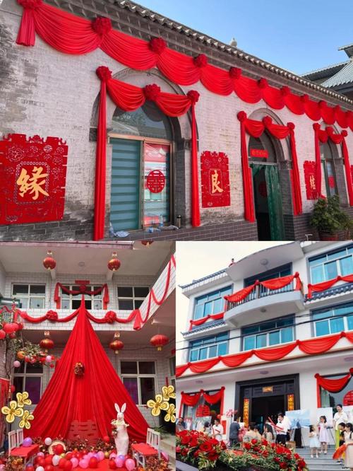 户外婚礼红绸带垂挂装饰