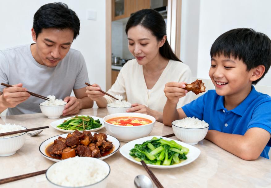 一家三口围在餐桌边举着筷子认真讨论的日常居家场景