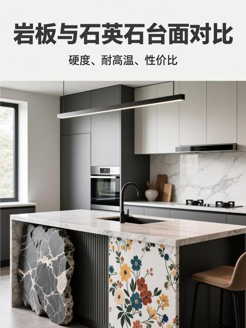 岩板与石英石中岛台实景对比效果图