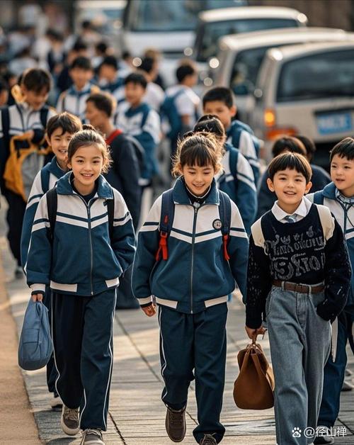 工业家属院梧桐道上穿校服背书包的小学生排路队走