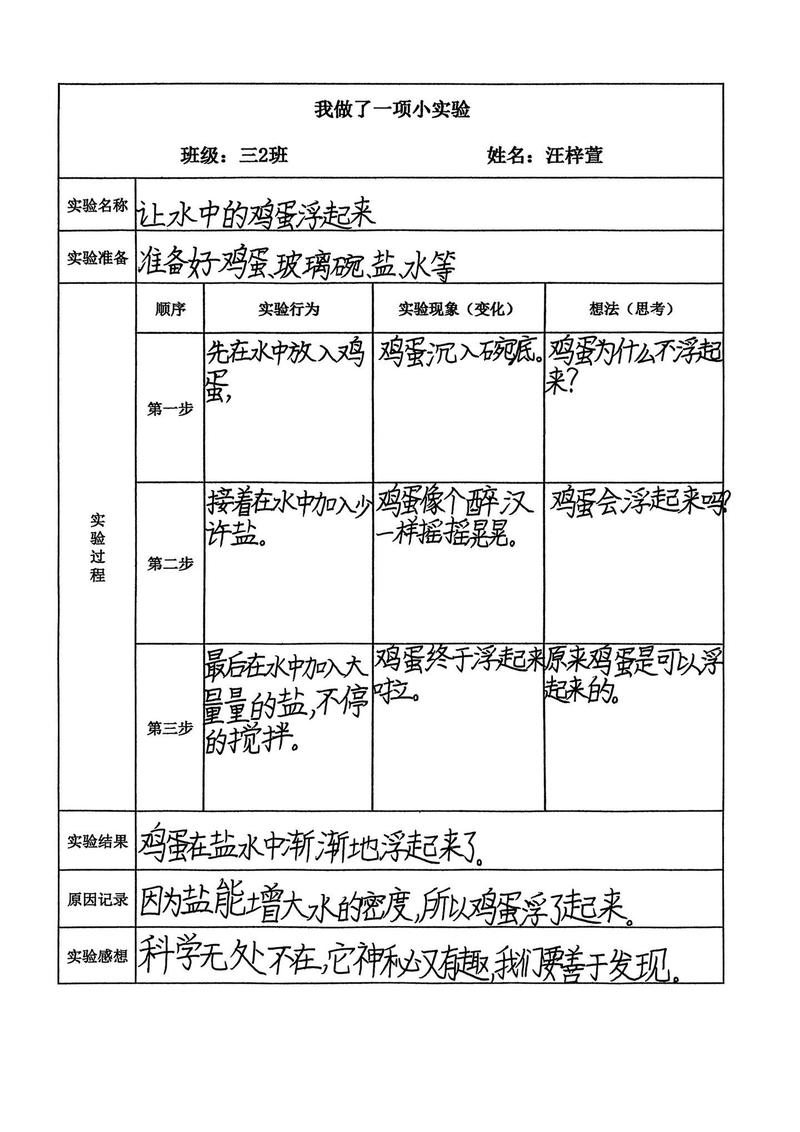 小学科学课学生手写沉浮实验观察记录