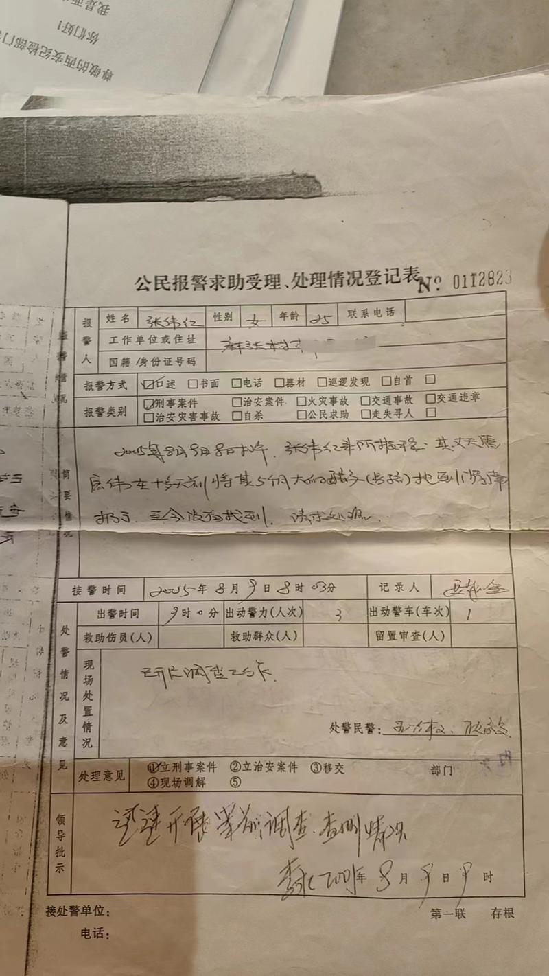 家庭暴力报警出警记录单实拍