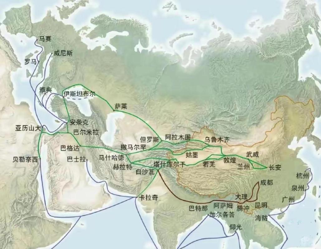丝绸之路陆上路线图包含天山帕米尔高原和沙漠绿洲城市